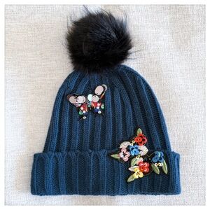 Elegant Knit Beanie with Pom and Embroidery